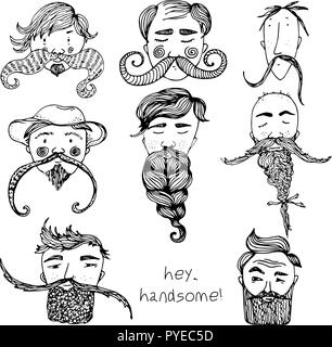 Disegnato a mano Set barba con facce carine e la barba di inchiostro e testo Hey, bello. Illustrazione Vettoriale