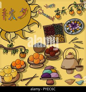 Design piatto icone, Chuseok, coreano metà autunno festival simboli.illustrazione del cibo tradizionale, costume e foglie di autunno. Illustrazione Vettoriale