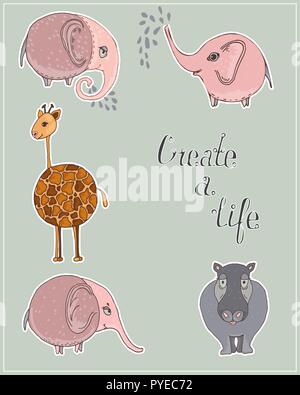Grazioso set di cartoon animali adesivi. carino di elefante, di ippopotamo, elefante e gli adesivi con il testo. Per il proprio design Illustrazione Vettoriale