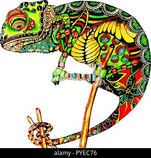 Chameleon con doodle pattern. Pagina di colorazione - zendala, design per il relax per gli adulti, illustrazione vettoriale, isolata su uno sfondo bianco. Zen doo Illustrazione Vettoriale