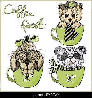 Insieme colorful del simpatico orso con sciarpa in una tazza e la scrittura di caffè prima per il proprio design, cartolina, adesivi, carte. Carino insieme colorful animale in un c Illustrazione Vettoriale