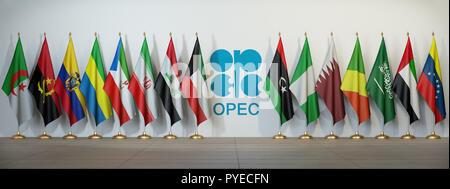L'OPEC. Simbolo e bandiere di paesi OPEC. 3d illustrazione Foto Stock