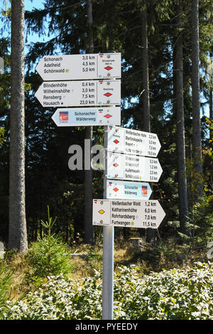 Sentiero segno marcatore per il Westweg o Westway a lunga distanza Foresta Nera itinerario a piedi, Germania, Europa Foto Stock