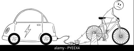 Cartoon di uomo a cavallo sulla bicicletta generatore di potenza per caricare la sua auto elettrica batteria Illustrazione Vettoriale