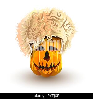 Zucca di Halloween in pelle di pecora caucasica hat. Jack-O'-lanterna per Halloween isolati su sfondo bianco Illustrazione Vettoriale