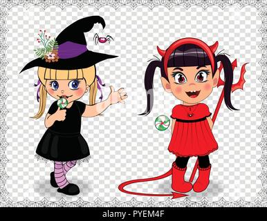 I personaggi dei cartoni animati di poco simpatici baby ragazze in costumi di Halloween inquadrata con la ragnatela isolato su sfondo trasparente. Illustrazione Vettoriale, clip ar Illustrazione Vettoriale