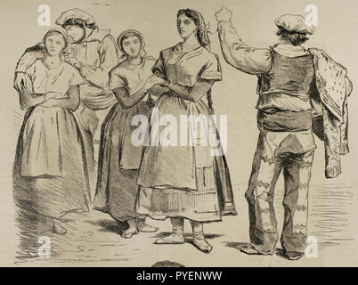 Spagna. Tipi di province basche. Le donne e gli uomini con abiti tradizionali. Schizzi inediti di Valeriano Becquer. Incisione. La Ilustracion Española y Americana, 15 gennaio 1876. Foto Stock