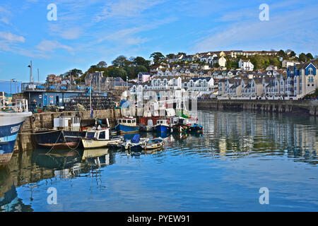 Una raccolta di piccole barche da pesca ormeggiate presso l'Harbourside nella graziosa cittadina di mare, Brixham Devon England, Regno Unito Foto Stock