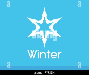 In inverno il simbolo del fiocco di neve di colore bianco isolato su blu. Il logo del vettore di congelare la brina Star. Illustrazione Vettoriale