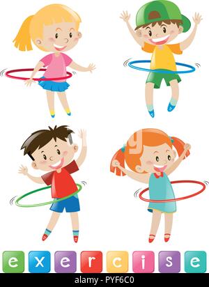 Quattro bambini esercitando con hulahoop illustrazione Illustrazione Vettoriale