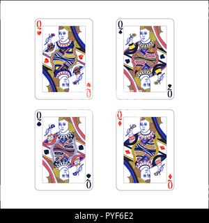 Set di regina carta da gioco con diversi vestiti come i diamanti, club, cuori e picche su bianco Illustrazione Vettoriale