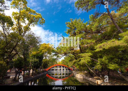 Il tradizionale giapponese ponte del tamburo di Sumiyoshi Taisha tempio nella foresta di alberi di pino, Osaka, Giappone Foto Stock