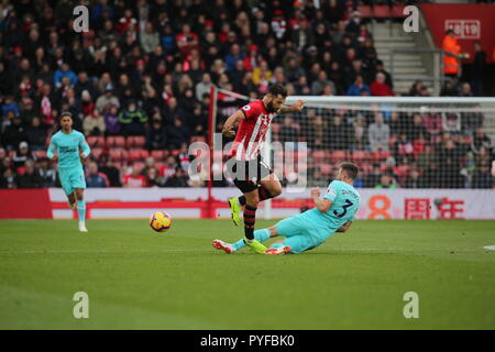 Southampton Charlie Austin (sinistra) e il Newcastle United Paul Dummett (destra) battaglia per la palla durante il match di Premier League a St Mary's Stadium, Southampton. Foto Stock