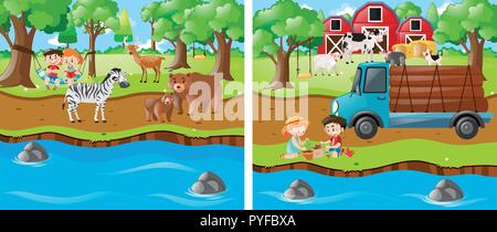 Due scene di fattoria con i bambini e gli animali illustrazione Illustrazione Vettoriale
