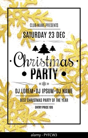 Merry Christmas party flyer. I fiocchi di neve di oro luccica su uno sfondo bianco. Buon Natale e Felice Anno Nuovo. Illustrazione Vettoriale Illustrazione Vettoriale
