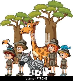 Kids in safari vestito con molti animali illustrazione Illustrazione Vettoriale