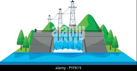 In scena con la diga e torri elettrico in 3D design illustrazione Illustrazione Vettoriale