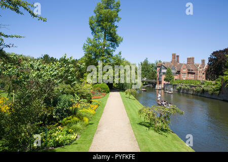 Punting sul fiume Cam in Cambridge visto da Clare College Bridge che si affaccia Clare College Fellow Garden e Trinity College Hall Foto Stock