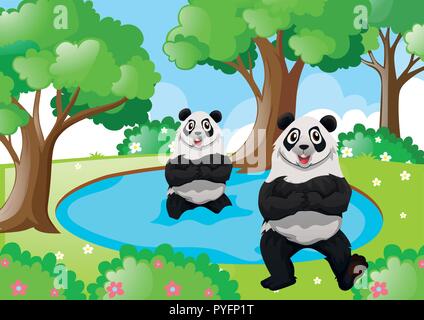 Due panda in foresta illustrazione Illustrazione Vettoriale