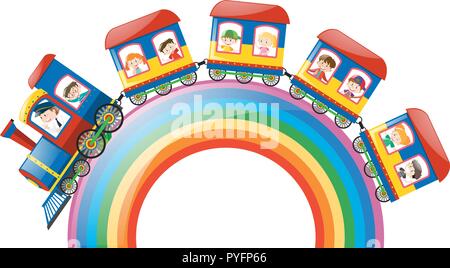 Equitazione per bambini sul treno su rainbow illustrazione Illustrazione Vettoriale