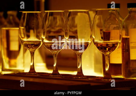 Quattro bicchieri di whiskey nel corso di una degustazione in Glenfiddich Distillery Foto Stock