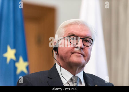 Il Presidente federale Frank-Walter Steinmeier visto intervenendo a una conferenza stampa congiunta con il Presidente della Repubblica di Polonia Andrzej Duda (non mostrato) durante il ricevimento al Bellevue Palace. Presidente polacco Andrzej Duda pagato una visita ufficiale in tedesco a incontrarsi con il presidente tedesco per discutere lo sviluppo economico tra i due paesi. Foto Stock