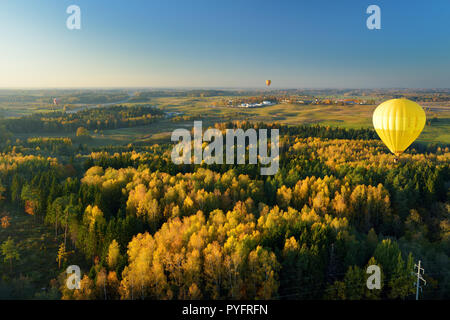 Coloratissima mongolfiera volare sopra le foreste che circondano la città di Vilnius sulla soleggiata serata d'autunno. Vilnius è uno dei pochi capitali europee, dove Foto Stock