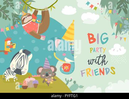 Compleanno di vettore sfondo con happy cartoon animali Illustrazione Vettoriale