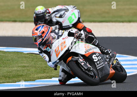 Ottobre 27, 2018: Sam Lowes (UK) sul No.22 KTM da svizzeri investitori innovativi durante il moto2 sessione pratica tre al 2018 MotoGP di Australia a Phillip Island Grand Prix Circuit, Victoria, Australia. Sydney bassa/Cal Sport Media Foto Stock