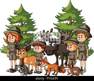 Kids in safari vestito con molti animali illustrazione Illustrazione Vettoriale