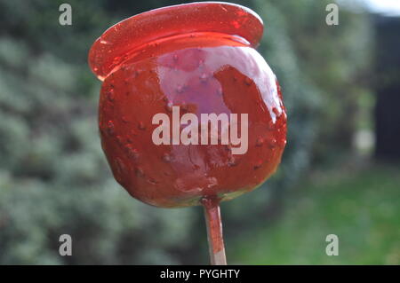 Stagionale cibo festoso una caramella mou apple close up shot. Candy Apple su stick, colore rosso trattamento speciale, per la festa di Halloween e la notte dei falò Foto Stock