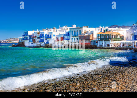 Vista del famoso pittorica Venezia piccola baia di Mykonos città di Mykonos in Grecia Foto Stock