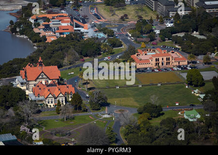 Bath House, e bagni di blu, Government Gardens, Rotorua, Isola del nord, Nuova Zelanda - aerial Foto Stock