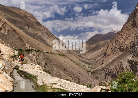 Trekker ammira fino le vedute sulla valle di Engels picco sul Engels prati di picco trek Langar, Tajik Wakhan, Pamir Mountains, Tagikistan Foto Stock