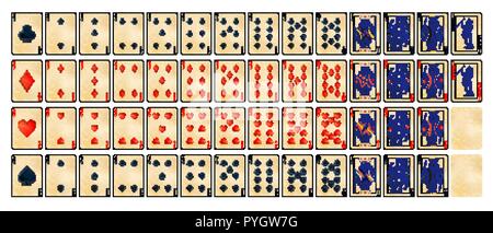 Set completo di dettagliate colorati carte da poker con il vecchio trama della carta su bianco Illustrazione Vettoriale