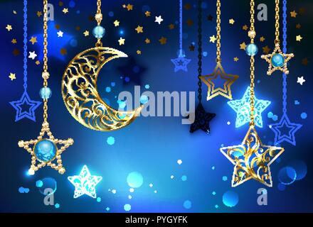 Oro, gioiello crescent con spumante, preziose stelle appeso sul golden catene luminose su sfondo blu. Illustrazione Vettoriale