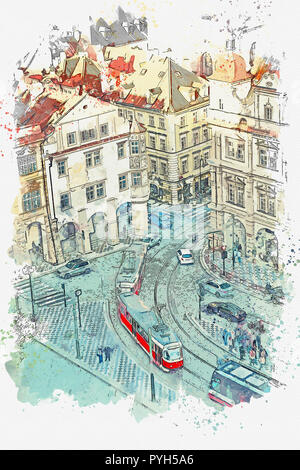 Disegno ad acquerello o illustrazione della vista sull'architettura antica di Praga. Strada di città con road, auto e persone. La vita quotidiana. Foto Stock