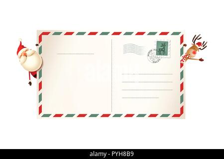 Lettera per Babbo Natale con Babbo Natale e renne su entrambi lato della cartolina Illustrazione Vettoriale