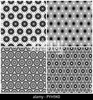 Set di quattro pattern senza giunture con fiocchi di neve astratta, del disegno a mano vettore nero su sfondo bianco Illustrazione Vettoriale