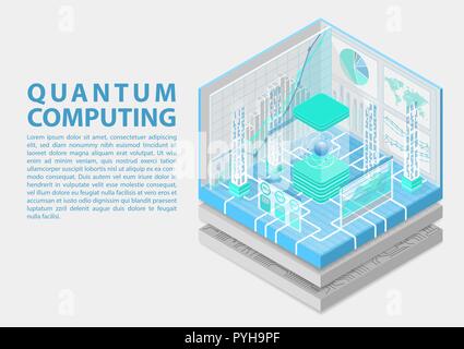 Quantum computing isometrica illustrazione vettoriale. 3D Vista concettuale su computer quantistico Illustrazione Vettoriale