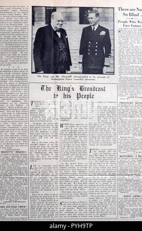 Il Daily Telegraph newspaper King George VI & Winston Churchill & The Kings speech Broadcast Articolo 8 maggio VE della giornata del 9 maggio 1945 in Londra England Regno Unito Foto Stock