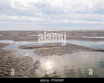 Appartamenti di sabbia con la bassa marea del mare di marea Waddensea vicino a Boschplaat, Terschelling, Paesi Bassi Foto Stock