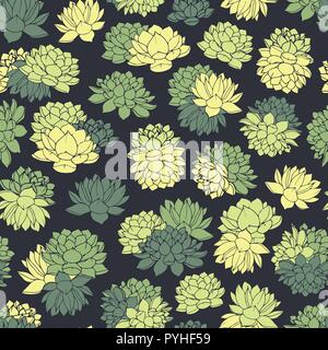 Colorati disegnati a mano vector succulente modello senza cuciture in colori verde e giallo su sfondo nero. Design floreale. Illustrazione Vettoriale
