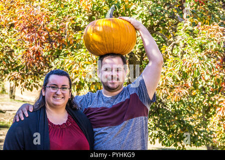 Uomo che cammina con la zucca sulla sua testa e la moglie dal suo lato; Oak Glen, California, U.S.A. Foto Stock