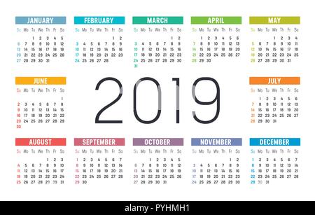 Anno 2019 minimalista calendario colorate, su sfondo bianco. Illustrazione Vettoriale