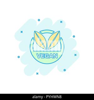 Vector cartoon vegan etichetta icona badge in stile fumetto. Timbro vegetariano concetto illustrazione pittogramma. Eco cibo naturale business effetto splash concept Illustrazione Vettoriale