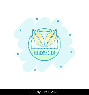 Vector cartoon Organica Vegana icona badge in stile fumetto. Eco Bio prodotto concetto timbro illustrazione pittogramma. Eco cibo naturale business effetto splash Illustrazione Vettoriale