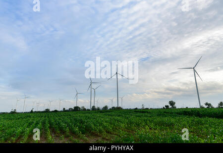 Paesaggio di mulini a vento per la produzione di energia elettrica a Huai Bong, Dan Khun Thot distretto, Nakhon Ratchasima. Grandi turbine eoliche sono stati circondati da c Foto Stock