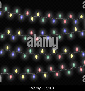Le luci di Natale isolato realistici elementi di design. Luci incandescenti per Xmas Holiday greeting card design. Ghirlande. Illustrazione Vettoriale