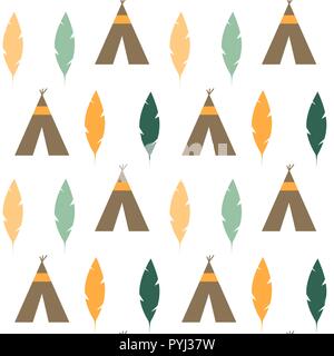 Carino piume colorate e teepee tribali etnici vettore seamless pattern illustrazioni di sfondo Illustrazione Vettoriale